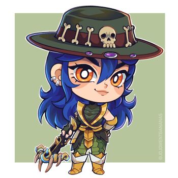 1girl animal_skin_dress armor armored_boots artist_name black_gloves blue_hair bone boots bow_(weapon) breasts chibi chibi_only commentary commission crossbow dang_(runescape) earrings english_commentary fingerless_gloves full_body gem gloves green_background hair_between_eyes hand_on_own_hip hat highres holding holding_crossbow holding_weapon jewelry joanna_went_bananas leather long_hair medium_breasts old_school_runescape orange_eyes original purple_gemstone red_trim runescape second-party_source simple_background skull_ornament sleeveless sleeveless_turtleneck smile solo standing thick_eyebrows turtleneck weapon yellow_eyes