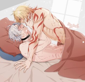 2boys abs antenna_hair arm_tattoo black_choker blonde_hair blue_eyes braid chest_tattoo choker commentary english_commentary facial_tattoo gradient_hair hickey highres honkai:_star_rail honkai_(series) implied_sex lying male_focus medium_hair mintoss multicolored_hair multiple_boys muscular muscular_male mydei_(honkai:_star_rail) on_back on_bed parted_bangs phainon_(honkai:_star_rail) red_hair red_tattoo short_hair side_braid tattoo topless_male watermark white_hair yaoi yellow_eyes
