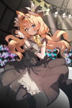 1girl absurdres animal_ear_fluff animal_ears black_dress black_hairband black_hat black_pantyhose black_wrist_cuffs blue_archive blush breasts cat_ears center_frills choker closed_mouth commentary concert covered_navel dancing dress eyelashes floating_hair flower foot_out_of_frame frilled_choker frilled_dress frills grey_dress hair_between_eyes hair_intakes hairband halo hands_up hat hat_feather hat_flower highres idol idol_clothes indoors long_hair looking_at_viewer low_twintails mari_(blue_archive) mari_(idol)_(blue_archive) medium_breasts official_alternate_costume official_alternate_hairstyle orange_hair pantyhose sidelighting smile solo split_mouth stage standing standing_on_one_leg sweat swoon_(swoonnoah) top_hat twintails two-tone_dress very_long_hair wrist_cuffs yellow_flower yellow_halo