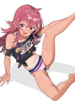 1girl absurdres ahoge bare_shoulders blush collarbone commentary_request crop_top crop_top_overhang djheycha flat_chest highres idolmaster idolmaster_shiny_colors komiya_kaho long_hair looking_at_viewer navel open_mouth red_eyes red_hair solo stomach tan tanline very_long_hair white_background