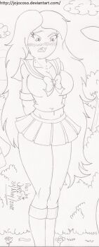 10s 1girl 2012 adventure_time animal blush bow bowtie breasts bush cartoon_network cleavage cloud collarbone dated embarrassed fangs flower grass highres kneehighs large_breasts long_hair looking_down marceline_abadeer may midriff monochrome navel open_mouth raised_eyebrow school_uniform shelby_(adventure_time) shirt short_sleeves sketch skirt sky socks standing star_(symbol) supergeorgesapiens vampire worm