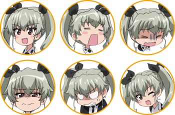 0_0 1girl :o anchovy_(girls_und_panzer) angry anzio_school_uniform black_necktie blush blush_stickers cape chibi drill_hair girls_und_panzer girls_und_panzer_motto_love_love_sakusen_desu! grey_hair hair_ribbon highres long_hair looking_at_viewer multiple_views necktie official_art one_eye_closed open_mouth pantyhose ribbon school_uniform shirt solo transparent_background twintails upper_body white_pantyhose white_shirt wink