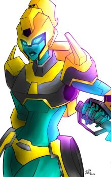 1girl 2015 armor bad_deviantart_id bad_id blue_eyes blue_lips breasts colored_skin elita_one glowing glowing_eyes green_skin helmet highres humanoid_robot lizzieofrivia medium_breasts panties ponytail robot robot_girl shoulder_armor simple_background solo sword transformers transformers_animated underwear weapon white_background yellow_panties