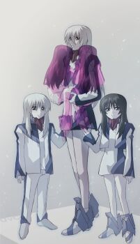 Rule 34 | black hair, boots, brown eyes, cropped jacket, frown, full body, grey background, grey eyes, hair between eyes, highres, holding person, jacket, long hair, long sleeves, minashiro kaguya, minashiro orihime, minashiro sakuya, minashiro tsubaki, mother and child, mother and daughter, multiple girls, pants, parent and child, siblings, skirt, soukyuu no fafner, spirit, spoilers, tatekami seri, transparent, twins, uc (8rk3), uniform, white hair