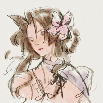 1girl aerith_gainsborough bandaged_neck bandages braid braided_hair_rings brown_hair cosplay final_fantasy final_fantasy_vii final_fantasy_vii:_ever_crisis flower green_eyes hair_flower hair_ornament hair_rings highres kaine_(nier) kaine_(nier)_(cosplay) long_hair mmariesr official_alternate_costume parted_bangs red_lips sidelocks single_bare_shoulder solo upper_body wavy_hair white_background