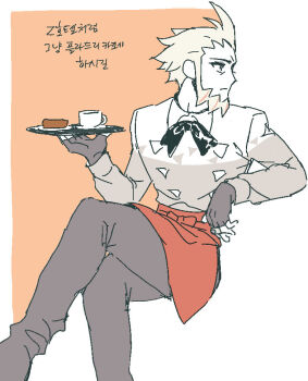 1boy apron beard black_bow black_bowtie black_pants blonde_hair bow bowtie cosplay crossed_legs facial_hair feet_out_of_frame fingerless_gloves fldjfflrnt gloves grey_eyes grisham_(pokemon) holding holding_tray l_(pokemon) looking_ahead looking_to_the_side male_focus nintendo orange_apron pants pokemon pokemon_legends:_z-a solo translation_request tray waist_apron