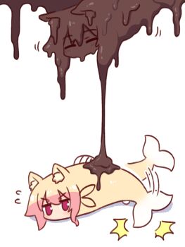 Rule 34 | 2girls, animal, animal ear fluff, animal ears, animalization, blonde hair, chocolate, closed eyes, fish, flying sweatdrops, foodification, fox ears, fox tail, highres, kemomimi-chan (fish) (naga u), kemomimi-chan (naga u), melting, multiple girls, naga u, original, purple eyes, simple background, tail, v-shaped eyebrows, white background