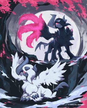 absol animal_focus asymmetrical_horns black_fur black_hair body_fur bright_pupils claws closed_mouth commentary english_commentary feathered_wings gen_3_pokemon hair_over_one_eye highres horns kelvin-trainerk looking_at_viewer mega_absol mega_absol_z mega_pokemon nintendo no_humans one_eye_covered pokemon pokemon_(creature) pokemon_focus pokemon_legends:_z-a red_eyes red_wings tail uneven_horns white_fur white_hair white_pupils white_wings wings