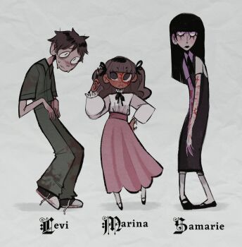 Rule 34 | 1boy, 2girls, :3, black dress, black hair, black lips, black ribbon, black shoes, blunt bangs, blunt ends, brown hair, character name, closed mouth, commentary, dress, english commentary, face piercing, facial mark, fear &amp; hunger (series), fear &amp; hunger 2: termina, frilled shirt collar, frills, full body, green jumpsuit, hair ribbon, hand on own hip, hand up, highres, jumpsuit, levi (fear &amp; hunger), long hair, long sleeves, looking at viewer, marina (fear &amp; hunger), mary janes, mouth piercing, multiple girls, neck ribbon, nuwi (furinuwi), piercing, pinafore dress, pink skirt, ribbon, samarie (fear &amp; hunger), scar, scar on arm, shirt, shirt tucked in, shoes, short hair, short sleeves, skirt, sleeveless, sleeveless dress, socks, sweat, white shirt, white socks