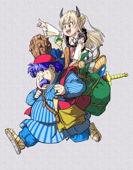 Rule 34 | 1boy, 1girl, bag, blonde hair, blue hair, bow (weapon), club (weapon), commentary request, detached sleeves, dragon quest, dragon quest iv, facial hair, fangs, fat, fat man, hat, highres, hizuki kanon, horns, indie virtual youtuber, lee (dragon garou), log, long hair, map, mustache, orange eyes, parody, pointing, red hat, sack, sandals, scepter, shield, style parody, sweatdrop, sword, toriyama akira (style), torneko, virtual youtuber, weapon