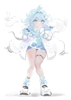 1girl absurdres ahoge blue_eyes blue_hair blue_shirt blue_shorts blue_socks blush braid cellphone chain closed_mouth commentary_request dalcom earrings full_body hair_ornament hair_over_shoulder heart heart_o-ring highres hololive hololive_dev_is jacket jewelry lightning_ahoge long_hair long_sleeves looking_at_viewer low_twin_braids mizumiya_su mizumiya_su_(1st_costume) multicolored_hair o-ring o-ring_thigh_strap open_clothes open_jacket phone pink_streaks shirt shoes shorts simple_background skindentation smartphone smile socks solo standing streaked_hair thigh_focus thigh_strap thighs twin_braids virtual_youtuber white_background white_jacket white_shoes x_hair_ornament