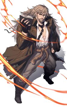 1boy absurdres bara beard brown_hair facial_hair from_above full_beard full_body highres large_pectorals looking_at_viewer male_focus mature_male muscular muscular_male mustache octopath_traveler octopath_traveler_ii osvald_v._vanstein pectoral_cleavage pectorals rovrov sanpaku solo standing thick_eyebrows tsurime