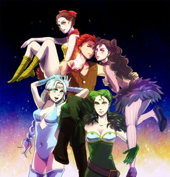 Rule 34 | 1990s (style), 1boy, 4girls, :d, aqua eyes, armpits, arms around another's waist, arms up, ass, bad id, bad pixiv id, bandages, bare shoulders, belt, bent over, beruche (sailor moon), bishoujo senshi sailor moon, bishoujo senshi sailor moon r, black moon clan, blue gloves, bodysuit, boots, bow, braid, braided bangs, braided ponytail, breasts, brown hair, buttons, calaveras (sailor moon), cheek-to-cheek, cleavage, cone hair bun, covered navel, crescent, crescent facial mark, crossed legs, detached collar, dress, drill hair, earrings, elbow gloves, facial mark, fire, floating, forehead jewel, forehead mark, fujico fujico, fur trim, gloves, green eyes, green gloves, green hair, hair bow, hair bun, heads together, high heels, hug, jewelry, koan (sailor moon), leg lift, leotard, long hair, long sleeves, looking at viewer, looking back, miniskirt, multiple girls, open mouth, orange eyes, outstretched arm, outstretched hand, pants, pantyhose, petz (sailor moon), pink eyes, pinstripe pattern, pleated skirt, red hair, retro artstyle, rubeus (sailor moon), scrunchie, shoes, short hair, sideboob, single braid, sitting, sitting on shoulder, skirt, sky, smile, socks, standing, star (sky), starry sky, strapless, striped legwear, thigh boots, thighhighs, tube top, turtleneck, twin drills, twintails, vertical stripes, very long hair, wavy hair, white hair, yellow eyes