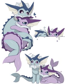 Rule 34 | alternate color, animal focus, blue eyes, blue fur, blue sclera, cetacean tail, closed eyes, closed mouth, colored sclera, commentary, fins, fish tail, forked tail, gen 1 pokemon, head fins, heart, highres, nintendo, no humans, open mouth, pokemon, pokemon (creature), pokemon focus, purple eyes, purple fur, roku0z, shiny pokemon, smile, symbol-only commentary, tail, vaporeon