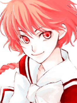1990s_(style) 1girl braid clamp female_focus magic_knight_rayearth red_eyes red_hair retro_artstyle school_uniform shidou_hikaru smile solo upper_body white_background
