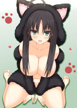 Rule 34 | 1girl, :d, ahoge, alternate costume, animal ear hood, animal ears, bare shoulders, barefoot, between legs, black hair, black hoodie, blush, breasts, cat ears, cleavage, collarbone, commentary, convenient hair, drop shadow, fake animal ears, fang, full body, gradient background, green background, green eyes, hair between eyes, hand between legs, hitachi mako, hood, hood up, hoodie, kanaya (cybelekanaya), large breasts, long sleeves, looking at viewer, navel, open clothes, open hoodie, open mouth, paw print, senren banka, short hair with long locks, simple background, sitting, smile, soles, solo, straight hair, thighs, toes, v arms, wariza