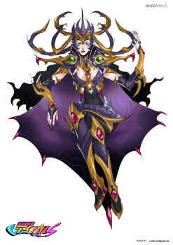 1girl alternate_costume armor artist_name bishoujo_senshi_sailor_moon bishoujo_senshi_sailor_moon_s black_hair black_nails boots cape commentary_request covered_navel crossed_legs email_address fake_horns fingernails full_body gradient_cape green_eyes green_lips hela_(marvel) helmet horned_helmet horns invisible_chair long_fingernails looking_at_viewer makeup marvel marvel_rivals parody pauldrons purple_armor purple_cape scale_armor sharp_fingernails shoulder_armor sitting solo thor_(marvel)_(series) title_parody vvv_rendez