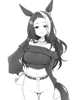 1girl absurdres alternate_hairstyle animal_ears azusa_(azusa0325) belt bracelet breasts casual commentary cowboy_shot crop_top hair_down hair_intakes hand_on_own_hip highres horse_ears horse_tail jewelry large_breasts light_smile long_hair looking_at_viewer mejiro_ramonu_(casual)_(umamusume) mejiro_ramonu_(umamusume) midriff monochrome multicolored_hair navel necklace off-shoulder_sweater off_shoulder official_alternate_costume pants parted_lips slit_pupils solo streaked_hair sweater tail thigh_gap umamusume very_long_hair