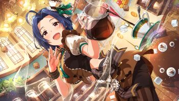 1girl black_eyes blue_hair chandelier cup forehead game_cg holding idolmaster idolmaster_million_live! idolmaster_million_live!_theater_days jar liquid miura_azusa official_art open_mouth pantyhose plate pouring puffy_sleeves skirt solo sugar_cube teacup
