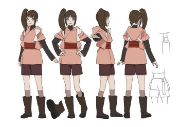 1girl back boots brown_hair brown_socks concept_art grey_eyes hands_on_own_hips japanese_clothes kara_(star_wars) kimono long_sleeves official_art ponytail production_i.g production_ig ribbon shoes short_hair short_pants side_ponytail sideways sketch smile socks star_wars star_wars:_visions tied white_background