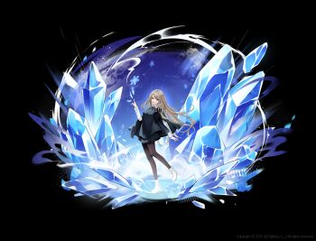 1girl :d ankle_boots black_border black_cloak blonde_hair boots border brown_pantyhose cloak collared_shirt commentary commission copyright_notice crystal full_body green_eyes hand_up heeri highres ice_crystal long_hair long_sleeves looking_at_viewer open_mouth original pantyhose red_ribbon ribbon shirt smile snowflakes solo standing twitter_username white_boots white_shirt