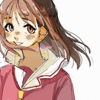 Rule 34 | 1girl, azumanga daioh's school uniform, azumanga daiou, blush, brown eyes, brown hair, floating clothes, floating hair, highres, kasuga ayumu, kyuunn, light smile, long hair, looking at viewer, neckerchief, open mouth, pink serafuku, pink shirt, sailor collar, sailor shirt, school uniform, serafuku, shirt, simple background, smile, solo, straight hair, summer uniform, teeth, upper body, white background, white sailor collar, wind, wind lift, yellow neckerchief