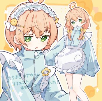 1girl :/ :o absurdres ahoge apron artist_name badge blue_cardigan blush bow cardigan closed_mouth commentary commission dot_nose feet_out_of_frame flower frilled_apron frills full_body green_eyes hair_between_eyes hair_bow hair_intakes hair_ornament hairclip head_tilt highres jitome komerina long_hair long_sleeves looking_at_viewer low_twintails maid maid_apron maid_headdress mole mole_under_eye multiple_views no_pants orange_hair original parted_lips puffy_long_sleeves puffy_sleeves sidelocks signature sleeves_past_fingers sleeves_past_wrists standing translated turtleneck twintails unconventional_maid upper_body v-shaped_eyebrows waist_apron white_apron white_headdress x_hair_ornament yellow_background yellow_bow