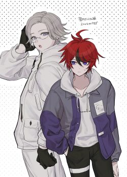 01shirosaki 2boys :o absurdres ahoge aotsuki_eito black_gloves black_pants black_streaks blue_eyes blue_jacket breast_pocket commentary_request cowboy_shot glasses gloves grey_hair grey_jacket hand_in_pocket highres hood hoodie jacket jacket_over_hoodie light_frown looking_at_another male_focus multicolored_hair multicolored_jacket multiple_boys open_clothes open_jacket pants pocket purple_eyes red_hair short_hair streaked_hair sumino_takumi sweatdrop teeth the_hundred_line_-last_defense_academy- translation_request two-tone_jacket upper_teeth_only white_background white_hoodie white_jacket white_pants