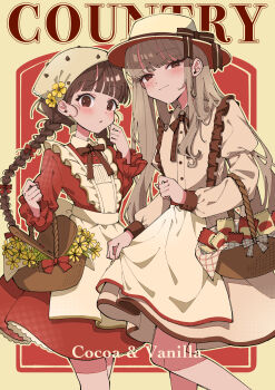 Rule 34 | 2girls, absurdres, apron, basket, braid, brown eyes, brown hair, commentary request, country ma'am, dress, feet out of frame, flower, hat, headscarf, highres, long hair, long sleeves, looking at viewer, maria komaki, multiple girls, original, personification, red dress, standing, twin braids, white apron, white dress, yellow flower