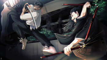 2boys absurdres battle black_eyes black_hair black_kimono black_pants cowboy_shot ear_piercing fighting_stance full_body getou_suguru hair_bun hair_pulled_back high_collar highres holding holding_sword holding_weapon jacket japanese_clothes jujutsu_kaisen jumping katana kimono long_hair long_sleeves looking_at_another male_focus mitsuru_(aica_hikari) monster multiple_boys okkotsu_yuuta open_mouth orimoto_rika outdoors pants piercing profile school_uniform shoes short_hair single_hair_bun smile sparks spiked_hair standing sword three_section_staff weapon white_footwear white_jacket wide_sleeves