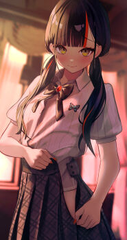 1girl absurdres backlighting black_bow black_bowtie black_hair black_skirt blunt_bangs blurry blurry_background blush bow bowtie brooch choya_hanabi collared_shirt earrings fingernails highres indoors jewelry long_fingernails long_hair looking_at_viewer low_twintails multicolored_hair naikon nail_polish nervous_smile open_clothes open_skirt plaid_clothes plaid_skirt pleated_skirt red_hair red_nails shirt skirt smile solo streaked_hair striped_clothes striped_shirt twintails two-tone_hair undressing vertical-striped_clothes vertical-striped_shirt virtual_youtuber vspo! white_shirt yellow_eyes