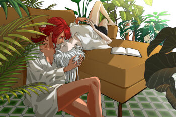 2girls bare_legs black_shorts blue_eyes book commentary_request couch dolphin_shorts gundam gundam_suisei_no_majo hand_in_another&#039;s_hair highres imminent_kiss korean_commentary long_hair lying miorine_rembran multiple_girls on_back on_couch on_floor open_book plant red_hair shirt shorts sitting snapagi suletta_mercury thick_eyebrows tile_floor tiles white_hair white_shirt yuri