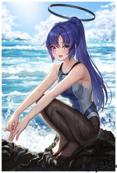 Rule 34 | 1girl, absurdres, black pantyhose, blue archive, blue one-piece swimsuit, breasts, cang se ye hua, commentary request, competition swimsuit, day, grey one-piece swimsuit, halo, highleg, highleg one-piece swimsuit, highres, long hair, mechanical halo, medium breasts, ocean, one-piece swimsuit, outdoors, pantyhose, pantyhose under swimsuit, ponytail, purple eyes, purple hair, rock, solo, squatting, swimsuit, two-tone one-piece swimsuit, very long hair, yuuka (blue archive)