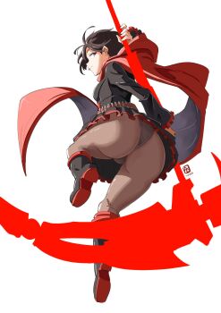 1girl ass automatic_giraffe black_hair boots cape dress highres pantyhose purple_eyes ruby_rose rwby scythe short_hair tongue tongue_out