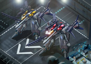 4girls armor bad_id bad_pixiv_id black_hair blue_hair brown_hair cannon dutch_angle elevator gerwalk gunpod hangar i.t.o_daynamics long_hair macross macross_frontier mecha military military_uniform missile multiple_girls n.u.n.s. ponytail realistic robot rocket_launcher s.m.s. science_fiction screen shield skirt vf-25 weapon