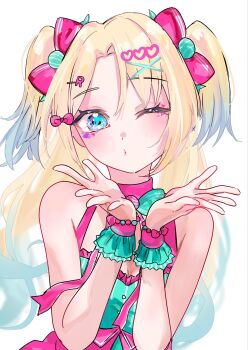 1girl 5th_live_tour_~4pair_power_spread!!!!~ absurdres bare_shoulders blonde_hair blowing_kiss blue_eyes blue_hair bow breasts cleavage cleavage_cutout clothing_cutout commentary frilled_wrist_cuffs frills gradient_hair hair_bow hair_ornament heart heart_hair_ornament highres jin_(oihlf) letter_hair_ornament link!_like!_love_live! looking_at_viewer love_live! multicolored_hair nyao_signyal one_eye_closed osawa_rurino pink_bow pink_shirt pink_wrist_cuffs shirt simple_background sleeveless sleeveless_shirt small_breasts solo symbol-only_commentary twintails wawo!_(love_live!) white_background wrist_cuffs x_hair_ornament
