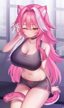 1girl absurdres alternate_costume animal_ear_fluff animal_ears between_legs black_shorts black_sports_bra breasts center-flap_bangs cleavage commentary demcheg dolphin_shorts double-parted_bangs hair_between_eyes hair_intakes hand_up highres holding holding_towel hololive hololive_english indoors large_breasts long_hair looking_at_viewer multicolored_hair navel one_eye_closed panther_ears panther_girl panther_tail pink_hair raora_panthera short_shorts shorts sidelocks solo sports_bra stomach streaked_hair tail tail_between_legs towel very_long_hair virtual_youtuber white_streaks wiping_face yellow_eyes