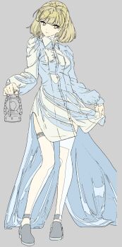 1girl absurdres blonde_hair brown_eyes closed_mouth cogecha commentary_request dress full_body grey_background grey_shoes highres holding holding_lantern lantern light_smile long_sleeves original puffy_long_sleeves puffy_sleeves shoes simple_background sleeves_past_wrists solo standing thighhighs white_dress white_thighhighs