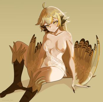 1girl absurdres ahoge animal_ears bird_ears bird_legs blonde_hair blush breasts brown_feathers brown_wings claws commentary covered_navel english_commentary feathered_wings feathers hair_between_eyes harpy highres long_hair looking_at_viewer medium_breasts monster_girl nightgown nipples one_breast_out original sitting smile solo star-shaped_pupils star_(symbol) symbol-shaped_pupils talons twitter_username unreal_fish very_long_hair white_nightgown winged_arms wings yellow_background yellow_eyes