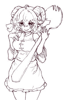 Rule 34 | 1girl, absurdres, blush, breasts, commentary, cowboy shot, detached sleeves, frilled skirt, frills, greyscale, highres, holding, holding spork, horn ornament, horn ribbon, horns, korean commentary, large breasts, looking at viewer, medium hair, monochrome, pointy ears, rampa93, ribbon, sharp teeth, sheep horns, skirt, smile, solo, spork, teeth, touhou, toutetsu yuuma
