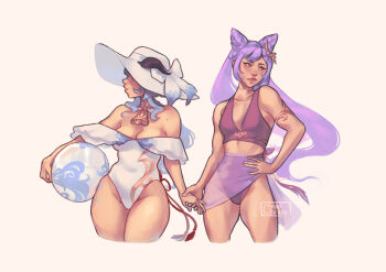 artist_name ball beachball bell blue_hair blush breasts choker cleavage closed_mouth cone_hair_bun couple cowboy_shot cropped_legs cyber_(cyanceebee) double_bun flower_choker ganyu_(genshin_impact) genshin_impact goat_horns hair_bun halter_bikini hand_on_hilt hand_on_own_hip hat high-waist_bikini highres hip_dips holding holding_ball holding_beachball holding_hands horns horns_through_headwear keqing_(genshin_impact) long_hair looking_to_the_side medium_breasts mole mole_on_breast mole_on_shoulder multiple_moles neck_bell off-shoulder_one-piece_swimsuit off_shoulder one-piece_swimsuit pink_choker pink_lips purple_eyes purple_hair purple_sarong pursed_lips red_lips sarong see-through_clothes see-through_sarong simple_background strapless strapless_one-piece_swimsuit stretch_marks sun_hat swept_bangs swimsuit thighs white_background white_hat white_one-piece_swimsuit wide_brim wide_hips yuri