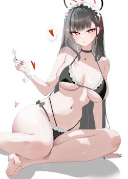 1girl absurdres balcony bare_shoulders barefoot bikini black_bikini blue_archive blush breasts choker commentary_request fork halo heart highres holding holding_fork large_breasts long_hair looking_at_viewer lvbing maid_headdress navel open_mouth red_eyes ringed_eyes rio_(blue_archive) simple_background sitting solo swimsuit white_background wrist_cuffs yokozuwari