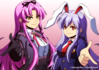 2girls akane_kazami animal_ears black_gloves bolo_tie bow breasts commission curtained_hair double-parted_bangs eiyuu_densetsu finger_gun gloves gradient_background hair_between_eyes hair_bow highres imperishable_night kuro_no_kiseki kuro_no_kiseki_(series) kuro_no_kiseki_ii long_sidelocks medium_breasts multiple_girls necktie parted_bangs pink_background pixiv_username pointing pointing_at_viewer rabbit_ears red_bolo_tie red_eyes red_necktie reisen_udongein_inaba renne_(eiyuu_densetsu) sidelocks simple_background smile touhou twitter_username yellow_eyes