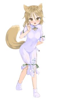 1girl :3 animal_ears arm_behind_back blonde_hair blush breasts covered_navel fox_ears fox_girl fox_shadow_puppet fox_tail full_body game_cg green_ribbon hair_between_eyes hakurei_frontier_spell_strive highres holding holding_test_tube kudamaki_tsukasa looking_at_viewer official_art open_mouth puuakachan ribbon romper sleeve_ribbon smile socks solo tail test_tube third-party_source touhou transparent_background white_romper white_socks yellow_eyes