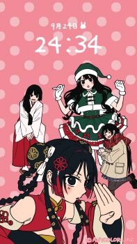 Rule 34 | 1girl, absurdres, black eyes, black hair, black pantyhose, black shoes, blunt sidelocks, blush stickers, bow, braid, braided hair rings, brown coat, bun cover, china dress, chinese clothes, clock, coalowl, coat, colored tips, commentary request, copyright notice, cropped jacket, detached sleeves, digital clock, double bun, dress, fake phone screenshot, fake screenshot, flat color, flower, frilled skirt, frills, fur-trimmed headwear, fur trim, gloves, green hat, green jacket, green skirt, hair bow, hair bun, hair flower, hair ornament, hair rings, hand up, hands up, hat, highres, holding, holding snowball, jacket, japanese clothes, kimono, long hair, long skirt, long sleeves, looking at viewer, miko, multicolored hair, multiple costumes, multiple views, nijisanji, official art, pantyhose, pink background, plaid clothes, plaid scarf, polka dot, polka dot background, pom pom (clothes), red dress, red hair, red scarf, red skirt, red sleeves, santa costume, santa hat, scarf, second-party source, shoes, short sleeves, sidelocks, skirt, snowball, tassel, tassel hair ornament, tsukino mito, tsukino mito (china dress), tsukino mito (new year), tsukino mito (santa), tsukino mito (winter casual), two-tone hair, two-tone skirt, variant set, very long hair, virtual youtuber, white bow, white gloves, white kimono, winter clothes, winter coat