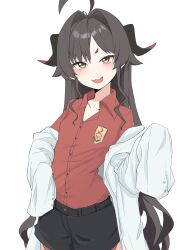 Rule 34 | 1girl, absurdres, ahoge, black hair, black shorts, blue archive, blush, brown eyes, coat, collared shirt, fang, ggaebchun, hair between eyes, hair intakes, hand on own hip, highres, horns, kasumi (blue archive), lab coat, long hair, long sleeves, off shoulder, open clothes, open coat, open mouth, red shirt, shirt, shorts, sidelocks, simple background, sleeves past fingers, sleeves past wrists, solo, very long hair, white background, white coat