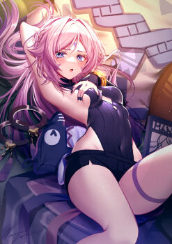 Rule 34 | 1girl, black leotard, black shorts, blue eyes, blush, breasts, citlali (genshin impact), commentary, covered navel, facial mark, genshin impact, grabbing own breast, highres, itzpapa (genshin impact), leotard, long hair, looking at viewer, lying, medium breasts, on back, open mouth, pink hair, short shorts, shorts, solo, untranslatable commentary, tamane june, thighs, triangle, triangle facial mark, very long hair