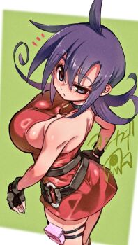 1girl ass bare_shoulders breasts dress duel_masters green_background large_breasts microdress purple_eyes purple_hair red_dress simple_background solo tasogare_mimi yoshikage_(yo4kage)
