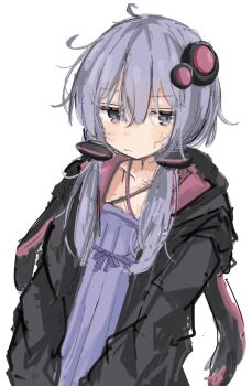 1girl ahoge animal_hood averting_eyes black_jacket blush collarbone criss-cross_halter double-parted_bangs dress hair_between_eyes hair_ornament hair_over_shoulder halterneck highres hood hood_down hooded_jacket ichiha_(ichi_u2) jacket long_hair long_sleeves low_twintails purple_dress purple_eyes purple_hair rabbit_hood sidelocks simple_background solo twintails upper_body voiceroid white_background yuzuki_yukari