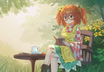 1girl absurdres apron bell book boots chair checkered_clothes checkered_kimono clothes_writing commentary_request crossed_legs flower flower_request food fruit glasses green_skirt hair_bell hair_ornament highres holding holding_book japanese_clothes jingle_bell kimono lace-up_boots long_sleeves medium_hair motoori_kosuzu on_chair orange_(fruit) orange_hair outdoors reading red-framed_eyewear skirt smile solo table teapot toorooo touhou translation_request tree two_side_up wide_sleeves yellow_apron yellow_eyes yellow_flower